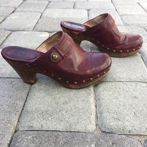 Frye Audra Button Heel Mule Clog Oxblood Red Wine